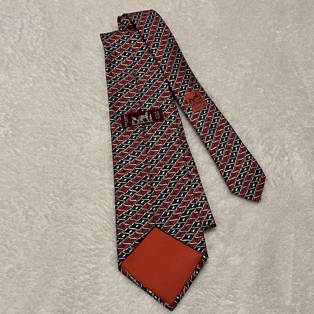 Hermes Paris Red Light Green Blue & Purple Plaid Print Silk Neck Tie